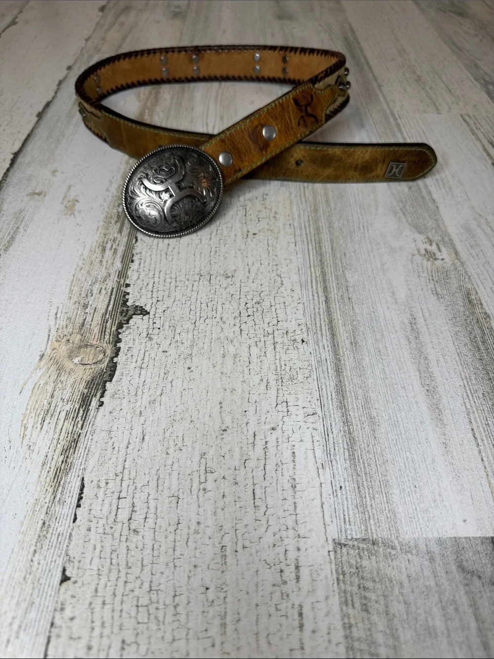 Hooey Leather Distressed Belt Whipstitch Studded Silvertone Removable Buckle 26